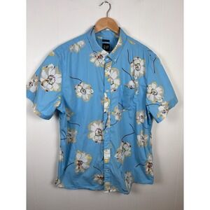 GAP‎ Standard Fit Stretch Blue Floral Blossom Retro Short Sleeve Shirt Mens XL